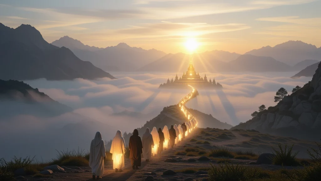 Egy misztikus tájon sétáló emberek, akik fénnyel teli ösvényen haladnak a naplementében.