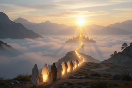 Egy misztikus tájon sétáló emberek, akik fénnyel teli ösvényen haladnak a naplementében.