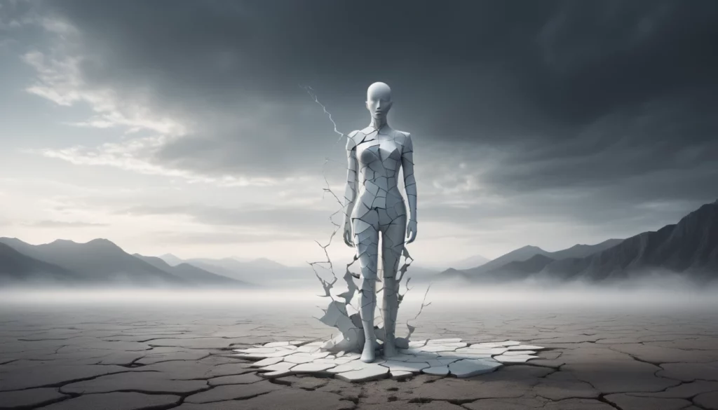 Egy törött, fehér szobor áll egy repedezett talajon, háttérben hegyekkel.