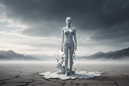 Egy törött, fehér szobor áll egy repedezett talajon, háttérben hegyekkel.