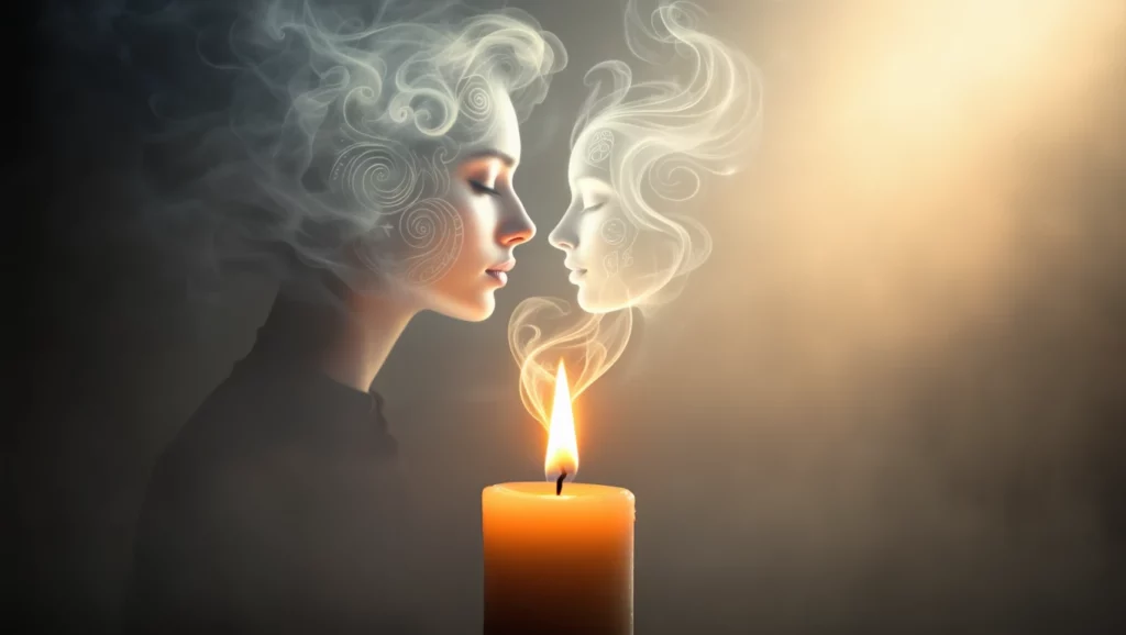 Egy gyertya lángjából származó füst, amely női arcokat formáz meg, álomszerű hatással.