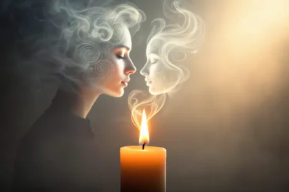 Egy gyertya lángjából származó füst, amely női arcokat formáz meg, álomszerű hatással.