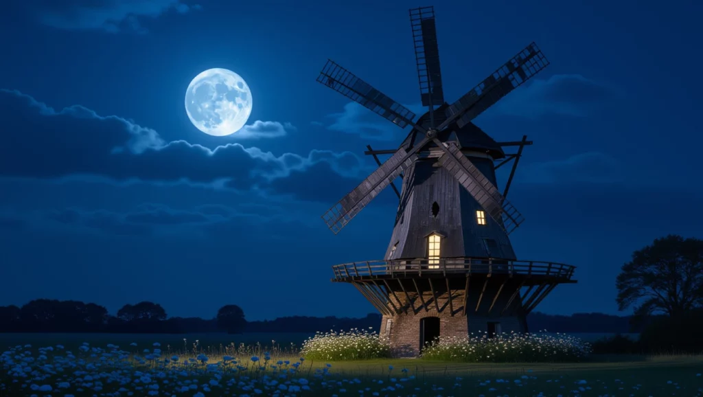 Egy szélmalom áll a holdfényben, virágokkal körülvéve, éjszakai tájban.