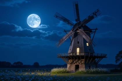 Egy szélmalom áll a holdfényben, virágokkal körülvéve, éjszakai tájban.