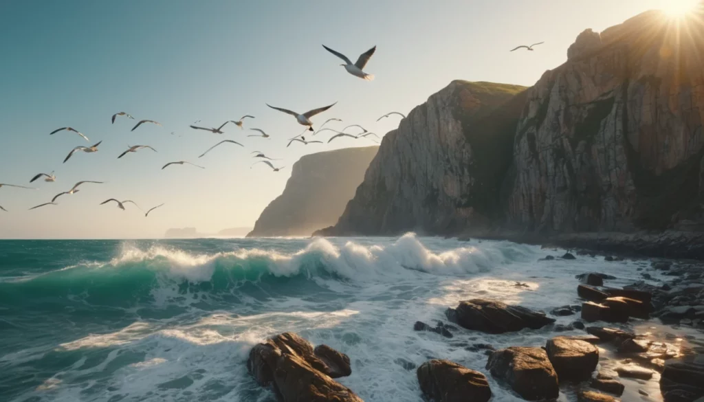 Sziklás tengerpart naplementében, hullámok és madarak a levegőben.