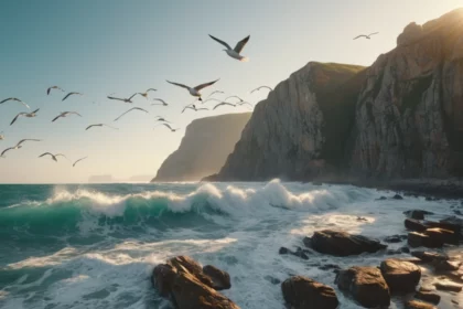 Sziklás tengerpart naplementében, hullámok és madarak a levegőben.