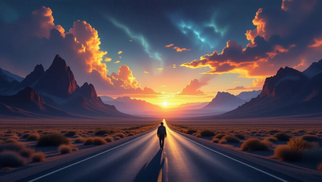 Egy ember sétál egy üres úton a naplementében, hegyek között.