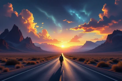 Egy ember sétál egy üres úton a naplementében, hegyek között.