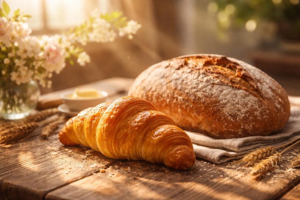 Friss, aranybarna péksütemények egy kosárban, vászon alapon