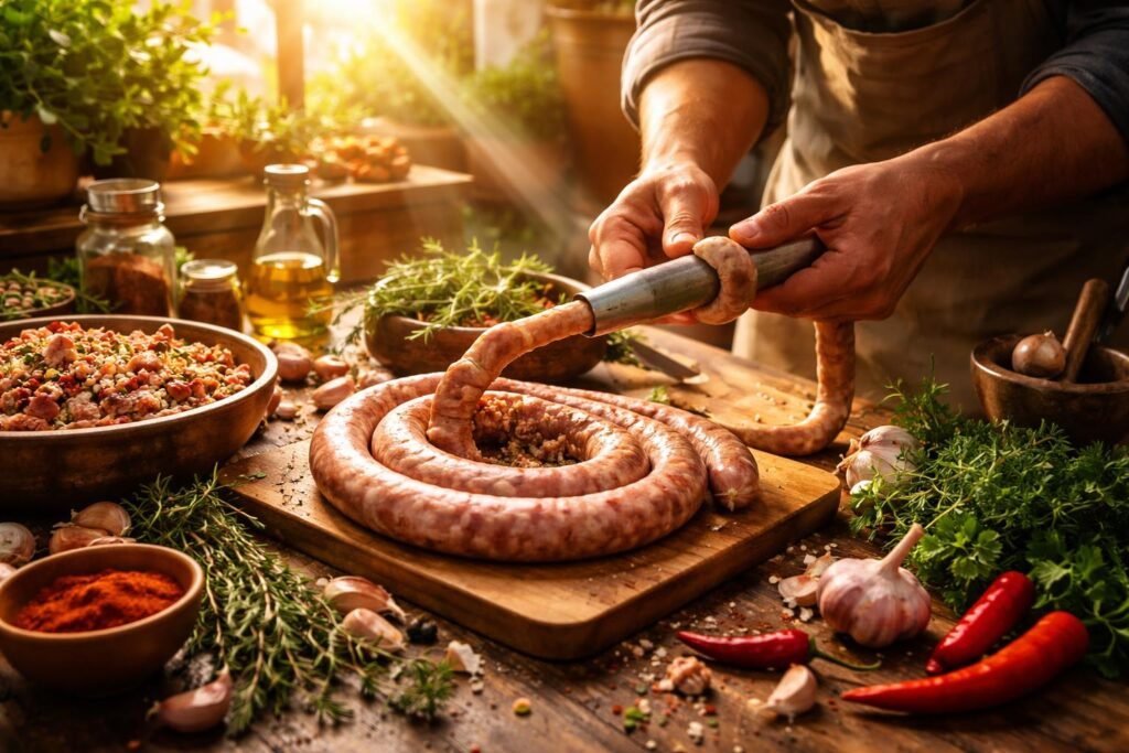 Álombeli kolbászkészítés, teremtő életenergia megjelenítve