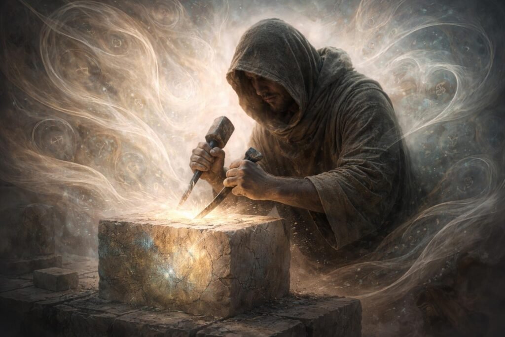 Kőműves munkáját végzi téglaépítés közben napsütéses napon