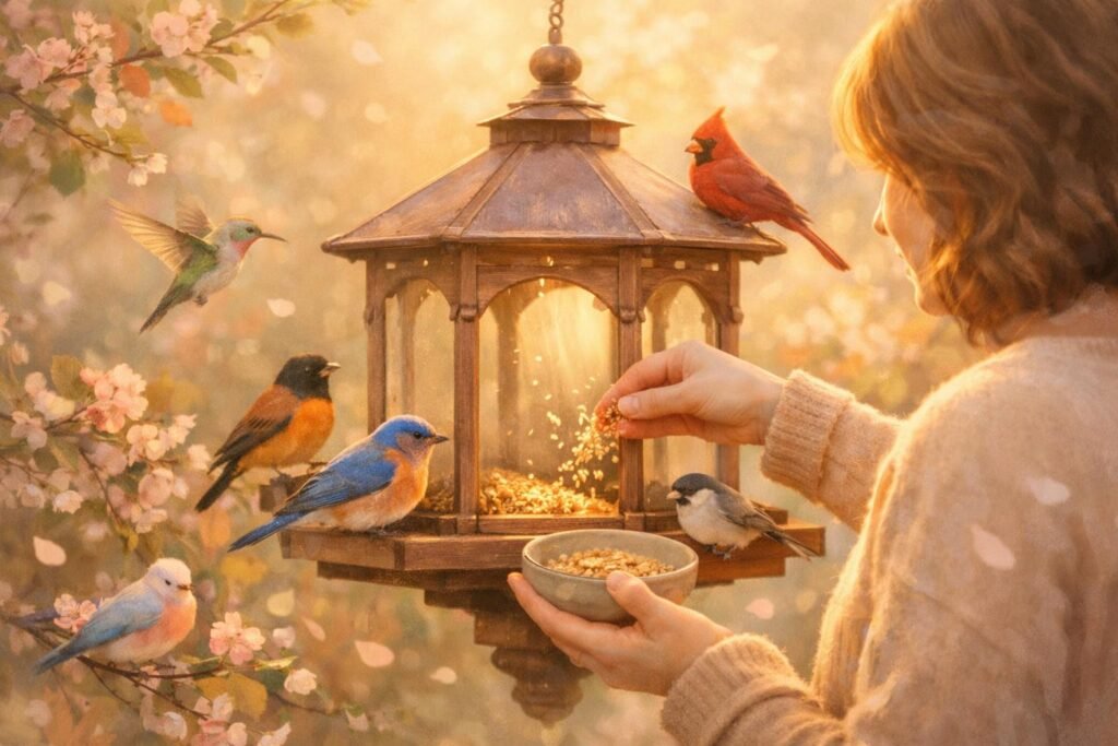 Madáretető egy kertben madarakkal, természet és béke