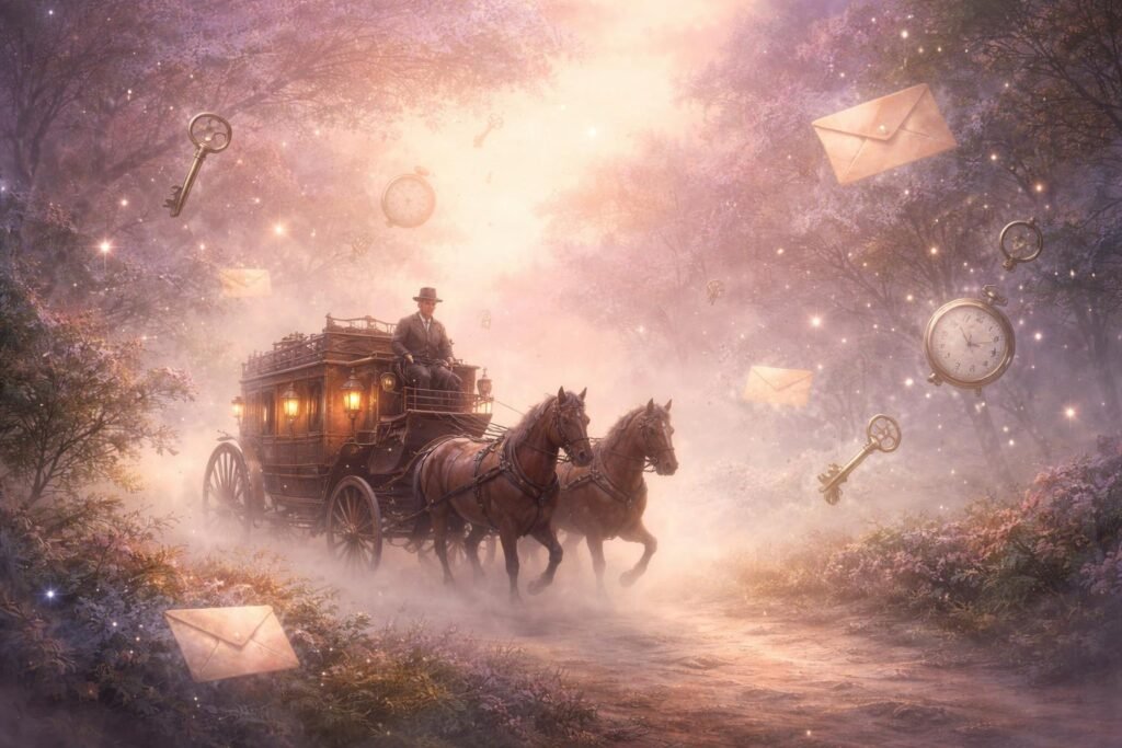 Postakocsi ábrázolás régi vidéki úton álomszimbólumként
