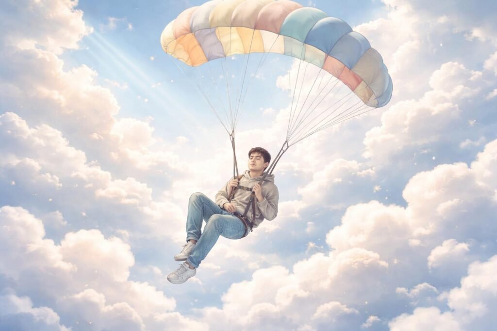 Ejtőernyős ugrás a tiszta kék ég alatt, szabadság érzése