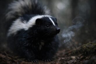 Álombeli büdös borz egy sötét erdőben, jelentőségteljes jelzésként