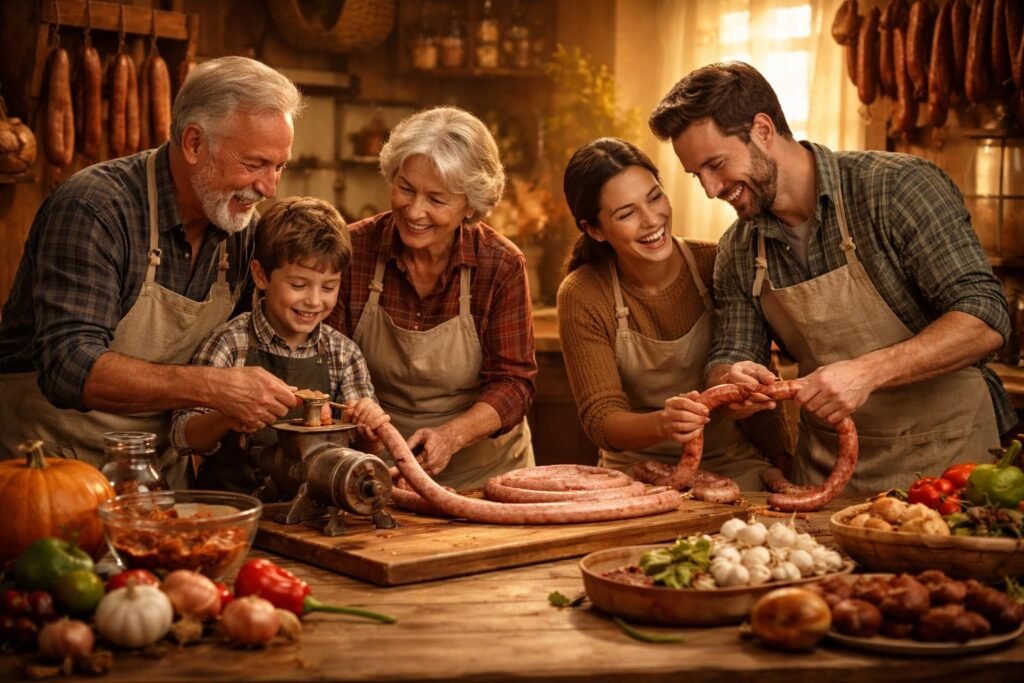 Kolbász készítése családi összejövetelen, hagyományos magyar konyhában