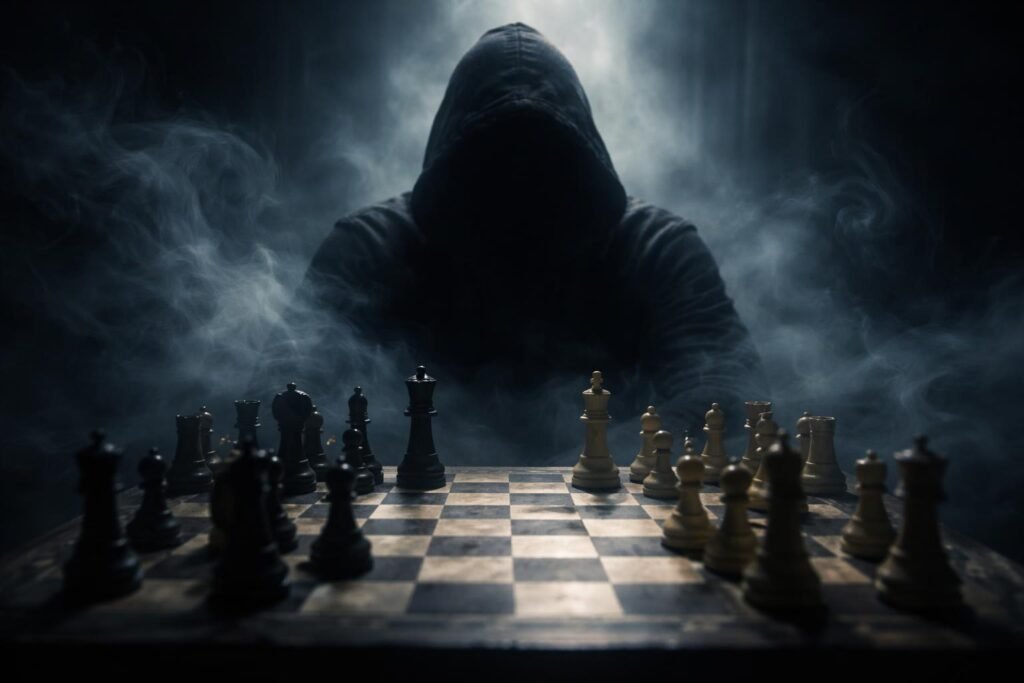 Sakkozók játszanak versengő hangulatban egy fából készült sakktáblán.