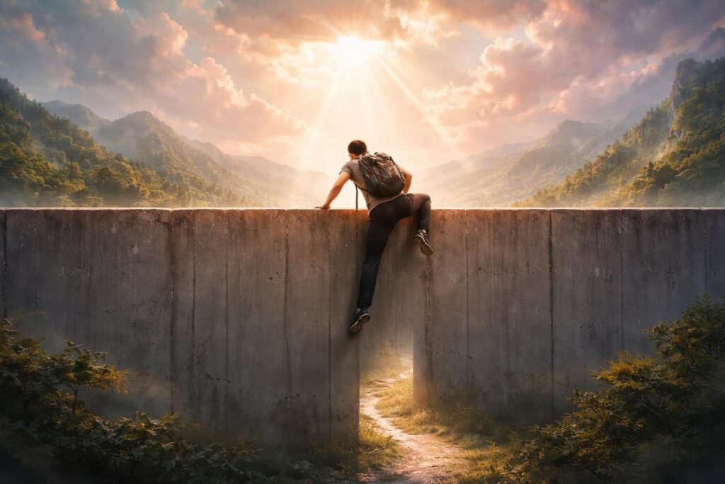 Falon átmászó ember, akadályok leküzdése és fejlődés vágya