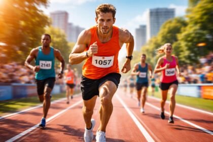 Futóverseny álomban, versenyezők, gyors futás és célba érkezés