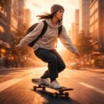 Ember gördeszkázik egy forgalmas városi utcán naplementekor