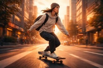 Ember gördeszkázik egy forgalmas városi utcán naplementekor