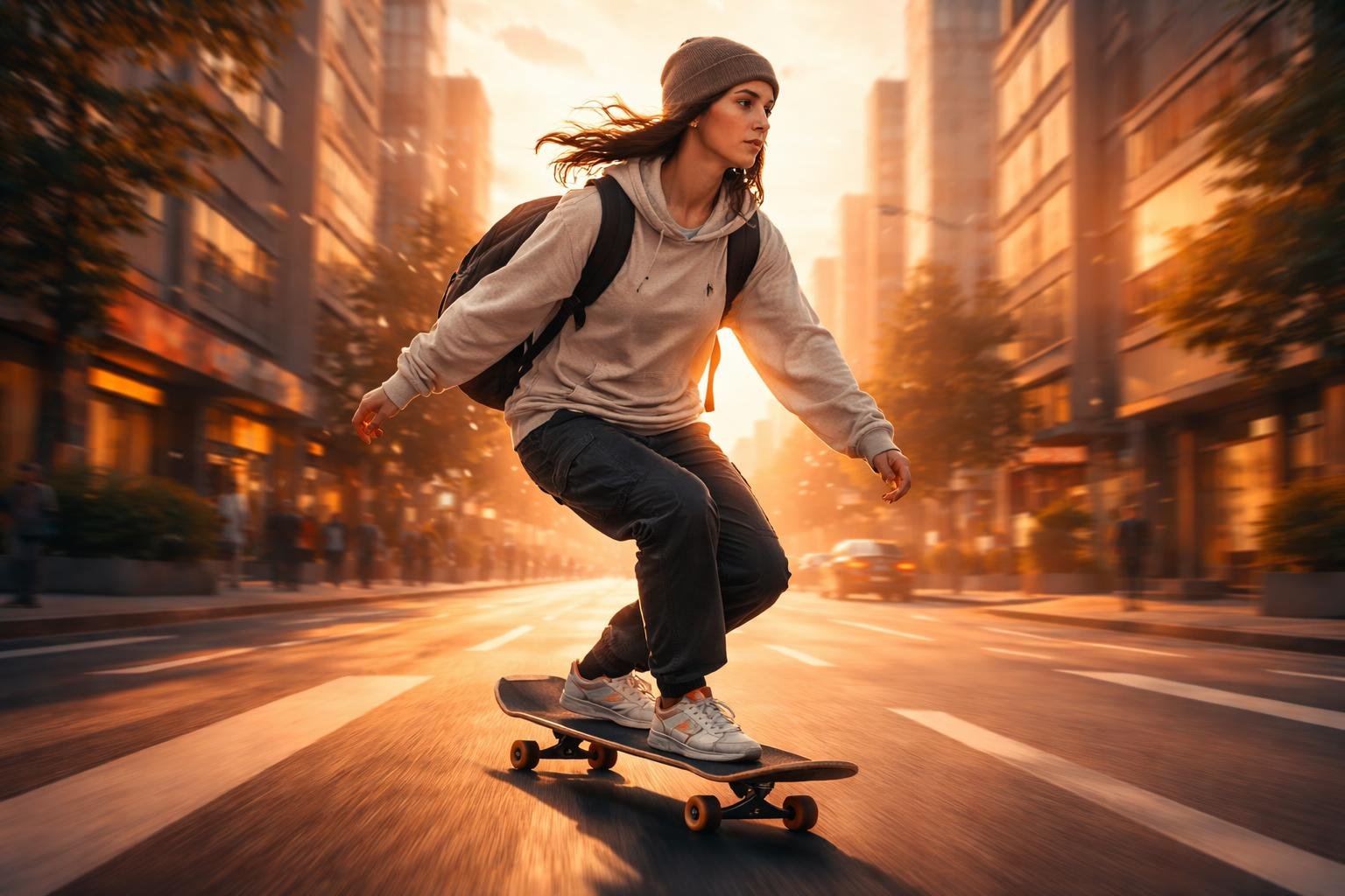 Ember gördeszkázik egy forgalmas városi utcán naplementekor