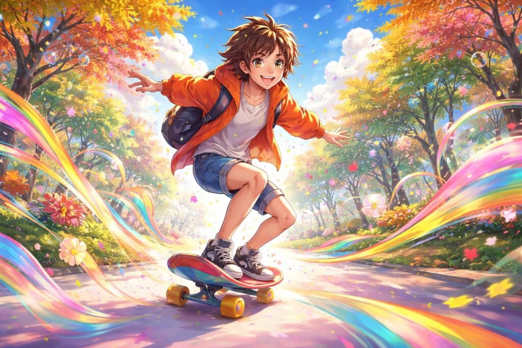 Fiatal fiú gördeszkázik naplementében parkban