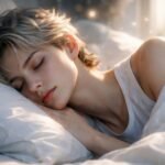 Egy álmos fiatal nő fekszik az ágyban, békés arckifejezéssel.