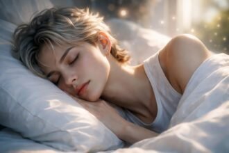 Egy álmos fiatal nő fekszik az ágyban, békés arckifejezéssel.