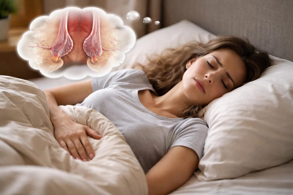 Egy álmos nő fekszik az ágyban, miközben aranyérrel kapcsolatos gondolatok foglalkoztatják.