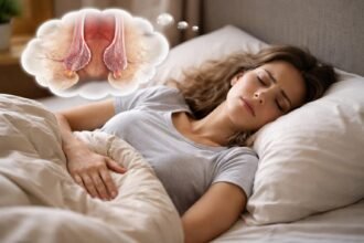 Egy álmos nő fekszik az ágyban, miközben aranyérrel kapcsolatos gondolatok foglalkoztatják.