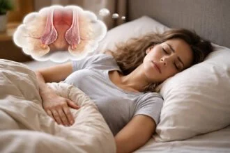 Egy álmos nő fekszik az ágyban, miközben aranyérrel kapcsolatos gondolatok foglalkoztatják.