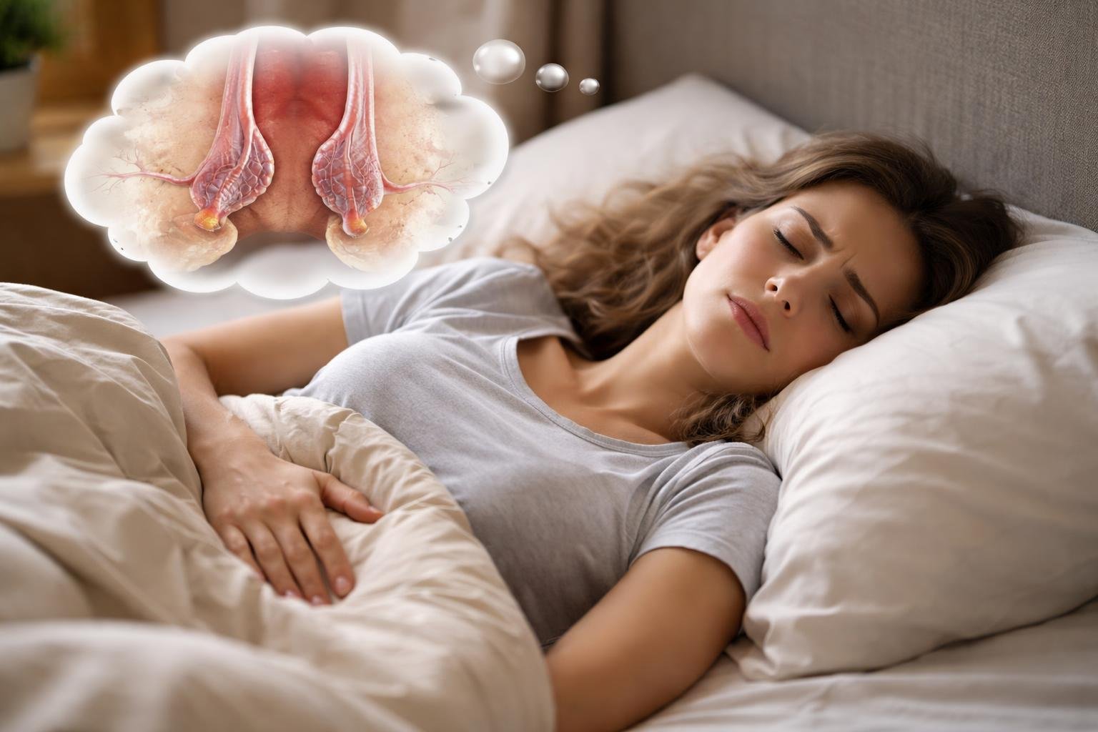 Egy álmos nő fekszik az ágyban, miközben aranyérrel kapcsolatos gondolatok foglalkoztatják.