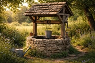 Egy gyönyörű, fából készült ásott kút virágos környezetben.