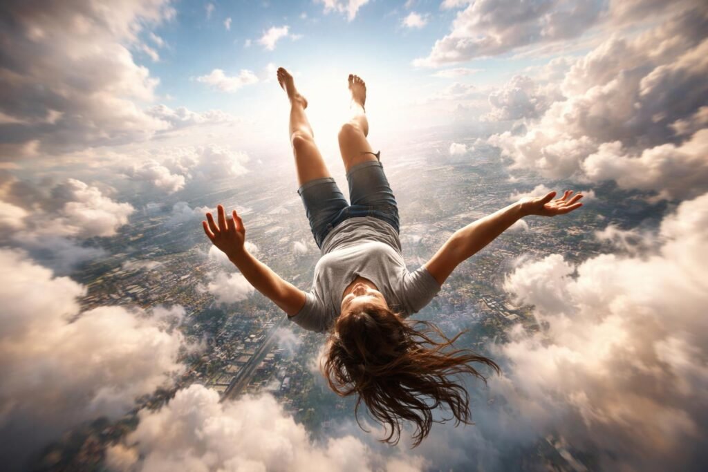 Egy nő átesik a felhők felett, a város látképe alatt, szorongó arccal.