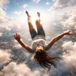 Egy nő átesik a felhők felett, a város látképe alatt, szorongó arccal.