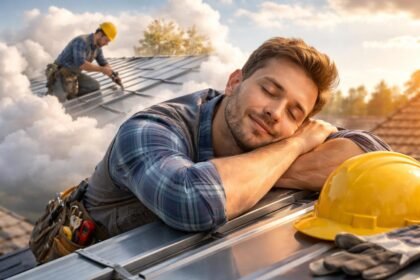 Egy bádogos álmodik, miközben a tetőn dolgozik, körülötte felhők.