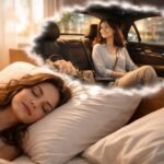 Egy nő álmodik, miközben bérkocsiban ül egy másik képen, ami az utazás szimbóluma.