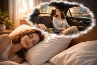 Egy nő álmodik, miközben bérkocsiban ül egy másik képen, ami az utazás szimbóluma.