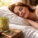 Egy fiatal nő alszik az ágyában, mellette csírák egy üvegben.