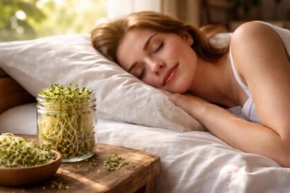 Egy fiatal nő alszik az ágyában, mellette csírák egy üvegben.