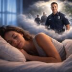 Egy fiatal nő alszik, álmában egy rendőr egyenruhája jelenik meg.