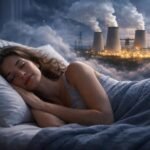 Egy fiatal nő alszik az ágyában, mögötte egy erőmű fényei és kéményei láthatók.