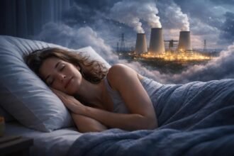 Egy fiatal nő alszik az ágyában, mögötte egy erőmű fényei és kéményei láthatók.
