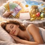 Egy álmos nő, aki boldogan alszik, álmaiban készpénz és lottószelvények jelennek meg.