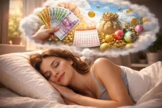 Egy álmos nő, aki boldogan alszik, álmaiban készpénz és lottószelvények jelennek meg.