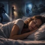 Egy alvó nő arca, háttérben lopakodó alakokkal, álomfejtési szimbólumokkal.