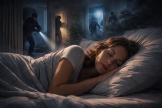 Egy alvó nő arca, háttérben lopakodó alakokkal, álomfejtési szimbólumokkal.