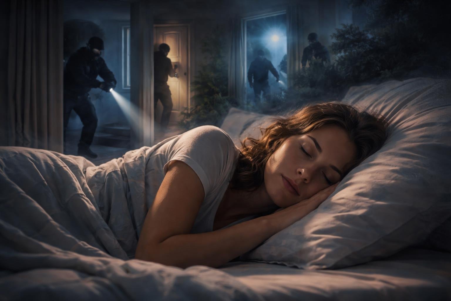 Egy alvó nő arca, háttérben lopakodó alakokkal, álomfejtési szimbólumokkal.