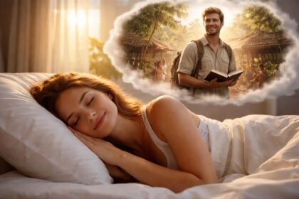 Egy álmodó nő mosolyogva fekszik az ágyban, álmában misszionárius szereplőkkel.